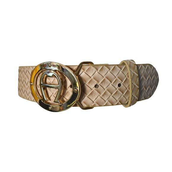 Vintage 80s Etienne Aigner Leather Faux Snakeskin Horseshoe Insignia Buckle Belt - Picture 3 of 7